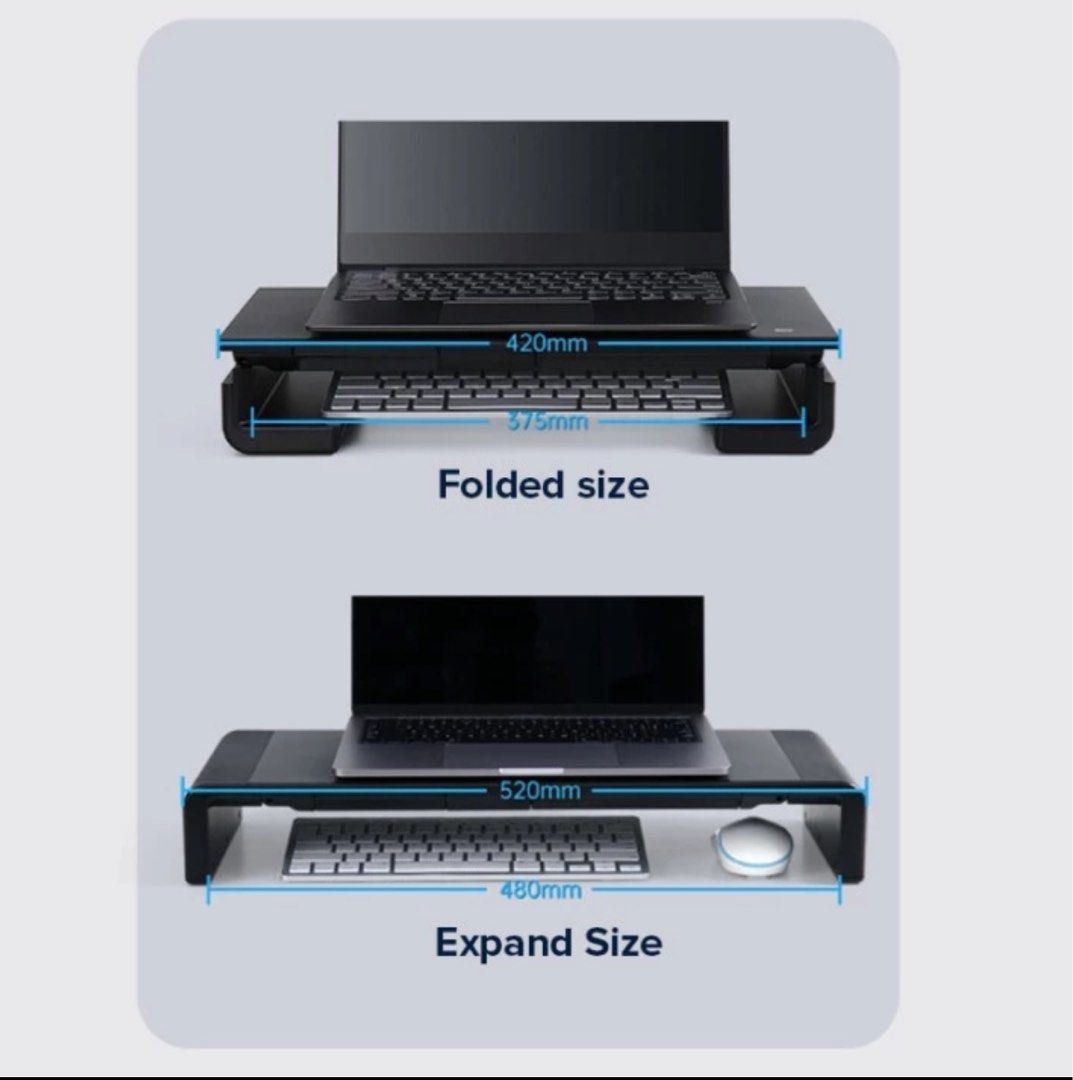 Monitor Stand Riser (Category: Other Accessories) located in Singapore. Submitted by twistoffate (Listing ID 1326179907, Image 1). Description: Almost new condition Can hold up to 50kg Foldable legs to adjust height and length Has in built phone stand and small drawer tray.