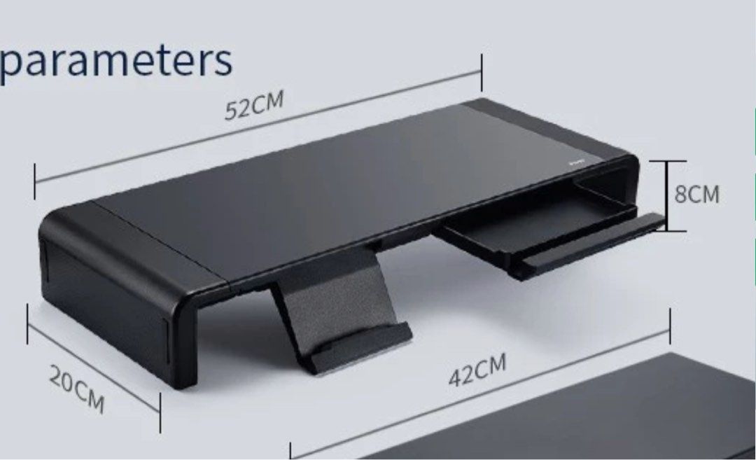 Monitor Stand Riser (Category: Other Accessories) located in Singapore. Submitted by twistoffate (Listing ID 1326179907, Image 3). Description: Almost new condition Can hold up to 50kg Foldable legs to adjust height and length Has in built phone stand and small drawer tray.