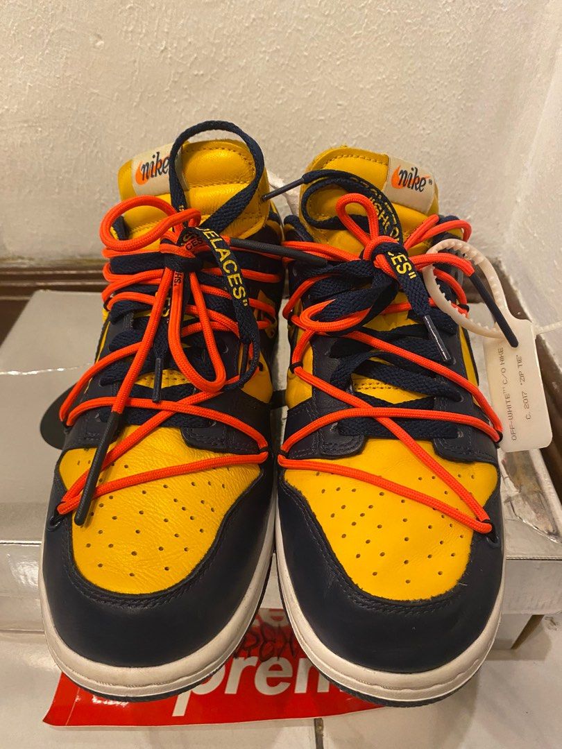 Nike Offwhite Dunk Michigan (Category: Sneakers) located in Pasig City. Submitted by ajvvv (Listing ID 1326297123, Image 2). Description: For sale! Nike Dunk Offwhite Michigan 9.5/10 condition used thrice only Complete with box,ziptie,papers,receipt Size 9 US No issues and guaranteed authentic .