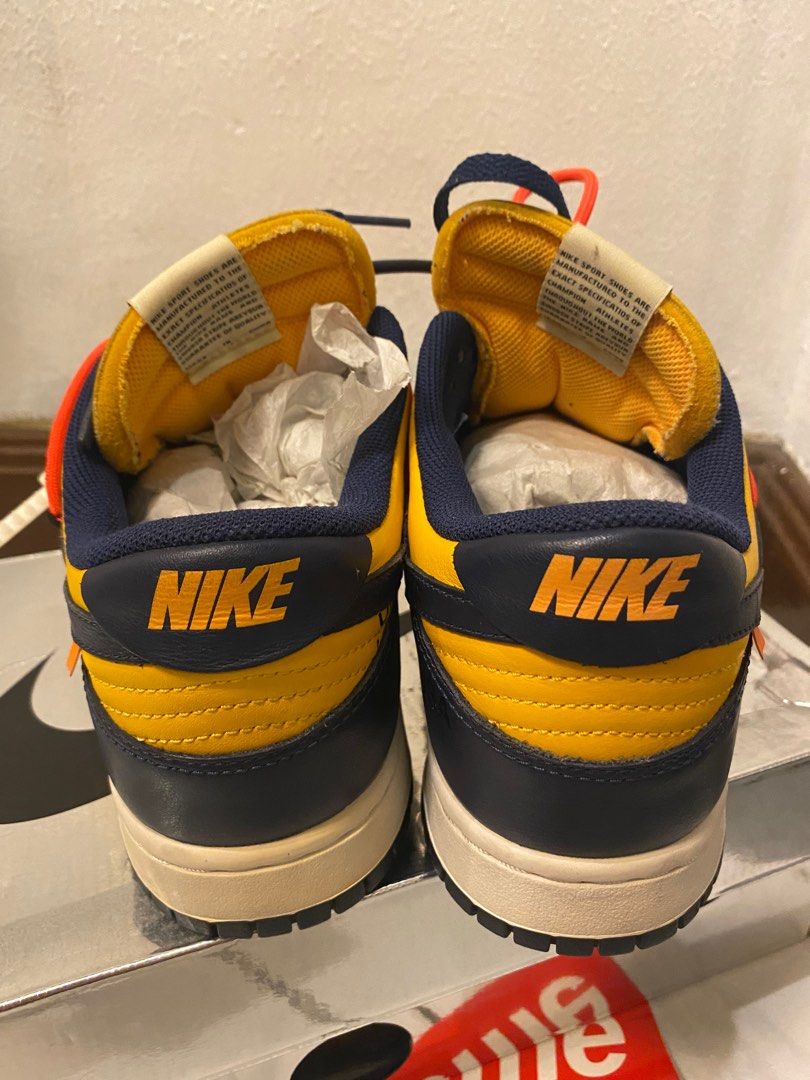 Nike Offwhite Dunk Michigan (Category: Sneakers) located in Pasig City. Submitted by ajvvv (Listing ID 1326297123, Image 3). Description: For sale! Nike Dunk Offwhite Michigan 9.5/10 condition used thrice only Complete with box,ziptie,papers,receipt Size 9 US No issues and guaranteed authentic .