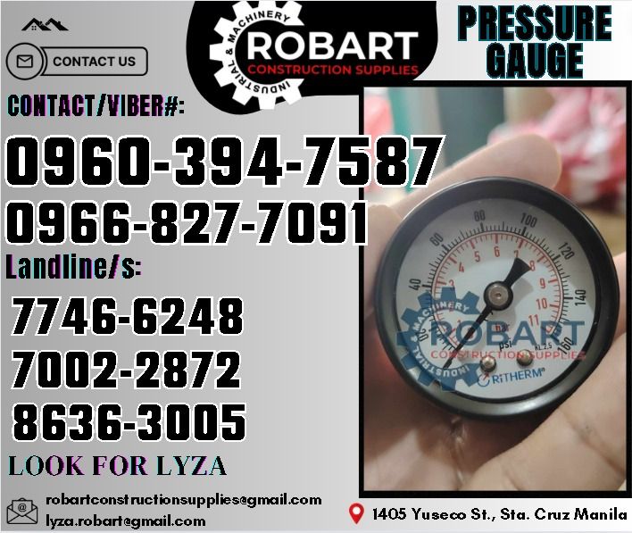 Ritherm Pressure Gauge (Category: Construction Tools & Equipment) located in Manila. Submitted by lyzarobart1999 (Listing ID 1326155855, Image 1). Description: Pressure Gauge Brand: Ritherm Model: 1100-040-160-8L-BR Range: 0 - 160 psi / 0 - 11 bar Size: 1.5" Dial Face Black Case Connection: 1/8NPT Center Back Brass Type: Dry 𝑹𝑶𝑩𝑨𝑹𝑻 𝑪𝑶𝑵𝑺𝑻𝑹𝑼𝑪𝑻𝑰𝑶𝑵 𝑺𝑼𝑷𝑷𝑳𝑰𝑬𝑺 𝒪𝒻𝒻𝒾𝒸𝑒 𝒜𝒹𝒹𝓇𝑒𝓈𝓈: 𝟣𝟦𝟢𝟧 𝒴𝓊𝓈𝑒𝒸𝑜 𝒮𝓉. 𝒮𝓉𝒶 𝒞𝓇