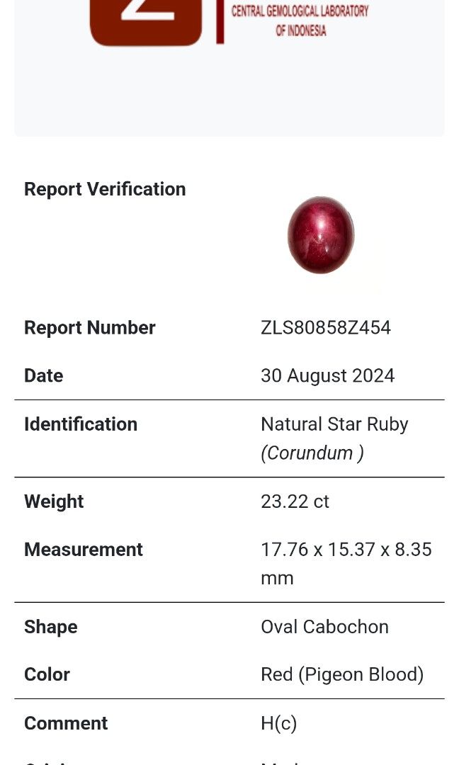 Ruby (Category: Rings) located in Singapore. Submitted by mascurios (Listing ID 1324542713, Image 7). Description: Natural Star Ruby(Corundum) Ring size: 21.5 (Silver) Weight: 23.22ct Measurement: 17.76 x 15.37 x 8.35mm Shape: Oval Cabochon Color: Red (Pigeon Blood) Comment: H(c) Origin: Madagascar Box 97.