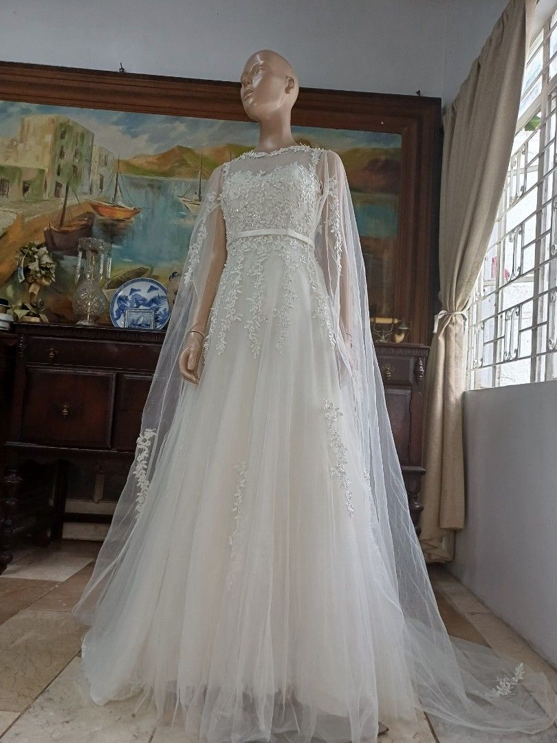 Stunning Bridal Gown with Ethereal Cape Sleeves Women s Fashion Dresses Sets Evening dresses gowns on Carousell