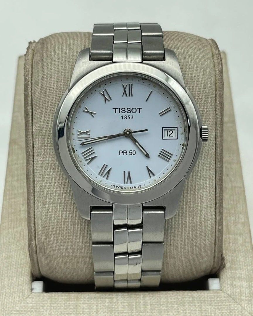 Tissot PR50 White Dial Steel (Category: Women's Watches) located in Manila. Submitted by _classicwatchcollection (Listing ID 1326222899, Image 1). Description: FS: Tissot PR50 White Dial Steel Php 15,000 Condition: 9/10 Movement: Quartz Case size: 36mm Unit Only. Pm or Contact 09063027061 for inquiries..