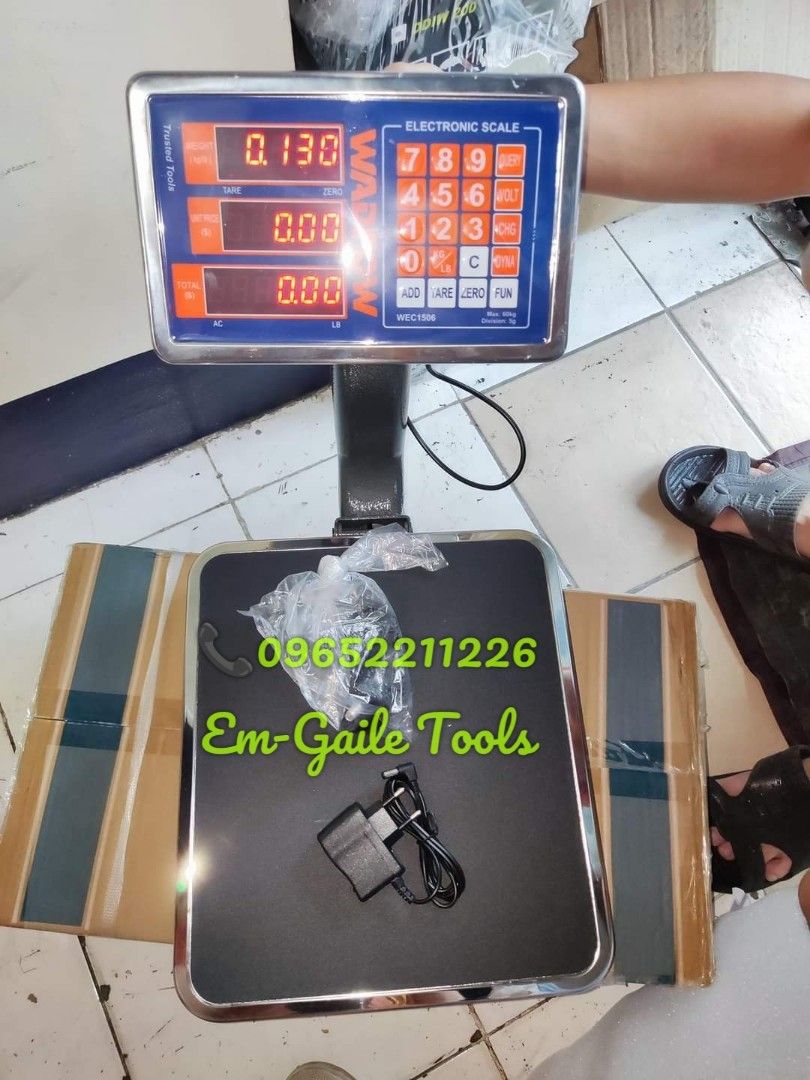 WADFOW 60kgs. Digital Platform Electronic Scale (Category: Industrial Equipment) located in Caloocan City. Submitted by emgaile (Listing ID 1326199363, Image 1). Description: WADFOW 60kgs. Digital Platform Electronic Scale Platform size : 30x34cm. Height from floor to digital board stand : 30cm. Available for store pick-up or delivery nationwide. Contact us for faster transaction. TO GOD BE THE GLORY!.