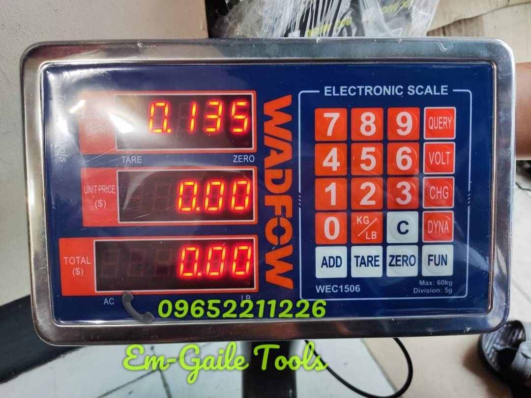 WADFOW 60kgs. Digital Platform Electronic Scale (Category: Industrial Equipment) located in Caloocan City. Submitted by emgaile (Listing ID 1326199363, Image 2). Description: WADFOW 60kgs. Digital Platform Electronic Scale Platform size : 30x34cm. Height from floor to digital board stand : 30cm. Available for store pick-up or delivery nationwide. Contact us for faster transaction. TO GOD BE THE GLORY!.