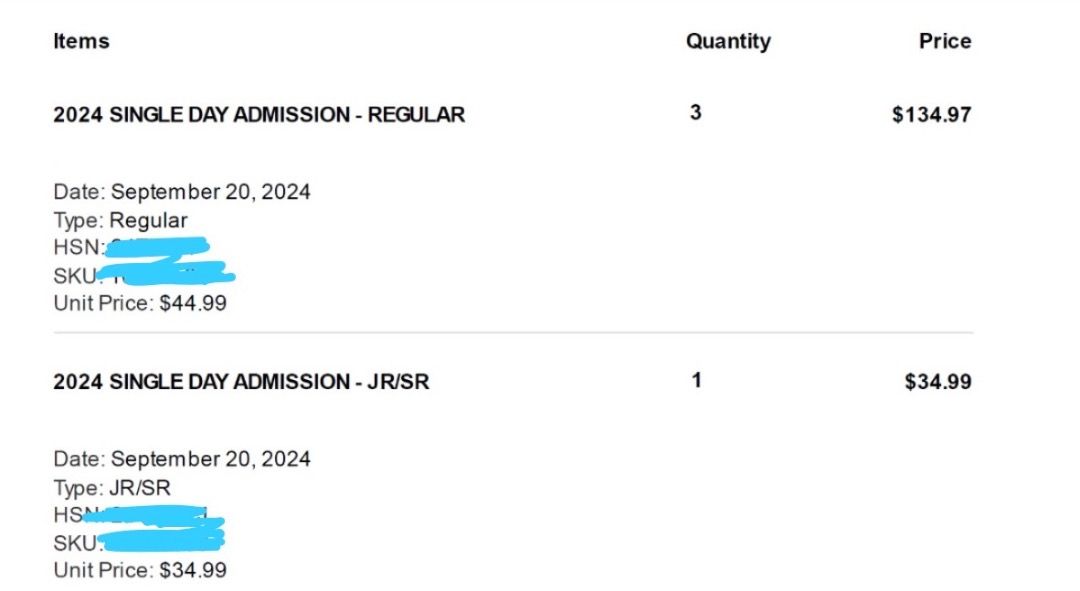 (~25% off) Canada's Wonderland admission tickets 20 21 22 Sep (3 Adults 1Jr/Sr) E tickets (Category: Events Tickets) located in Toronto. Submitted by s2320288555222 (Listing ID 1326413323, Image 2). Description: I bought tickets for wrong date. The tickets can reschedule between 20-22/9. Inbox if interested. Included: 3 Adults 1 Junior/Senior 4 Fast Lane.
