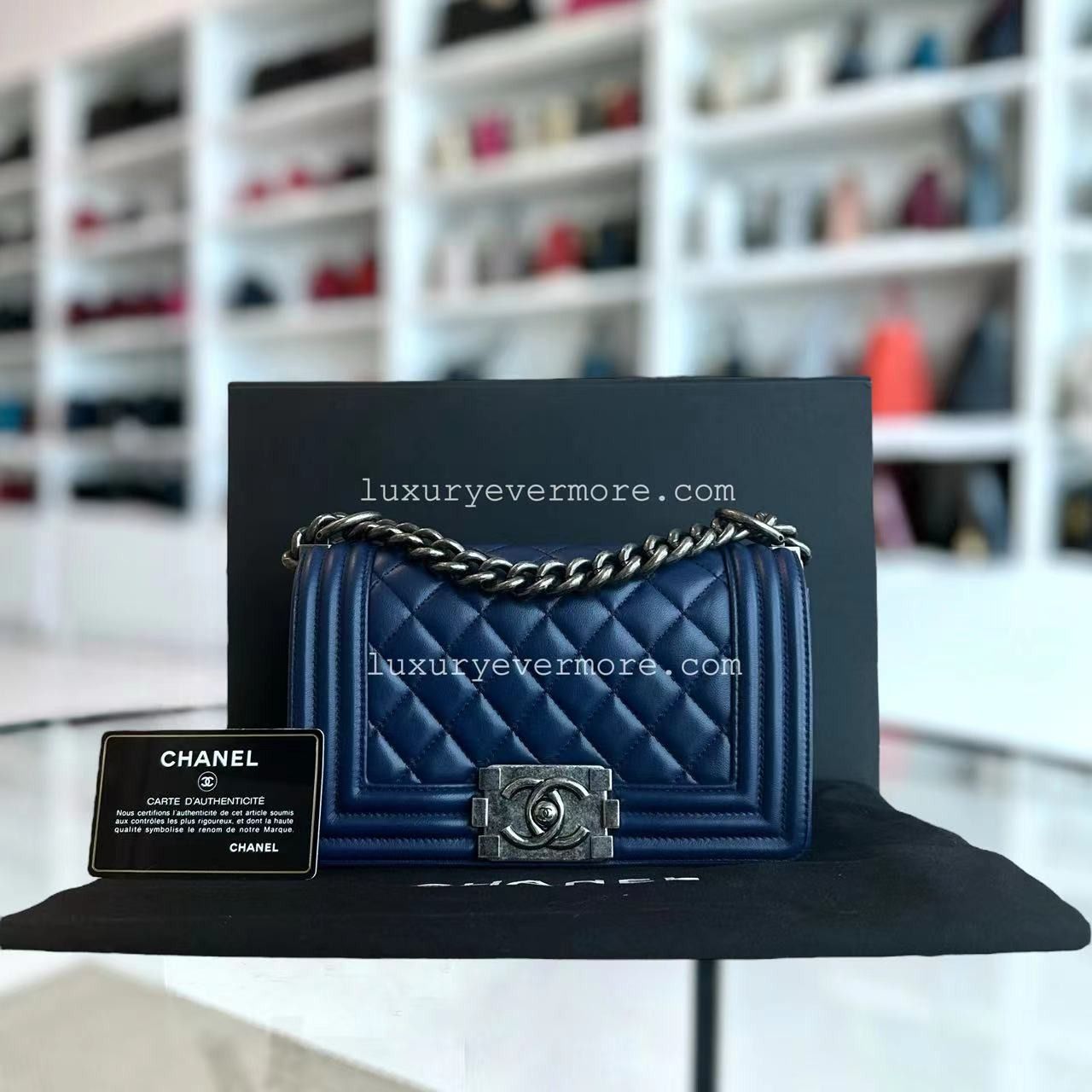 Chanel Boy Small Size Quilted Lambskin Dark Blue Ruthenium Silver Hardware Series 21 Luxury Bags Wallets on Carousell