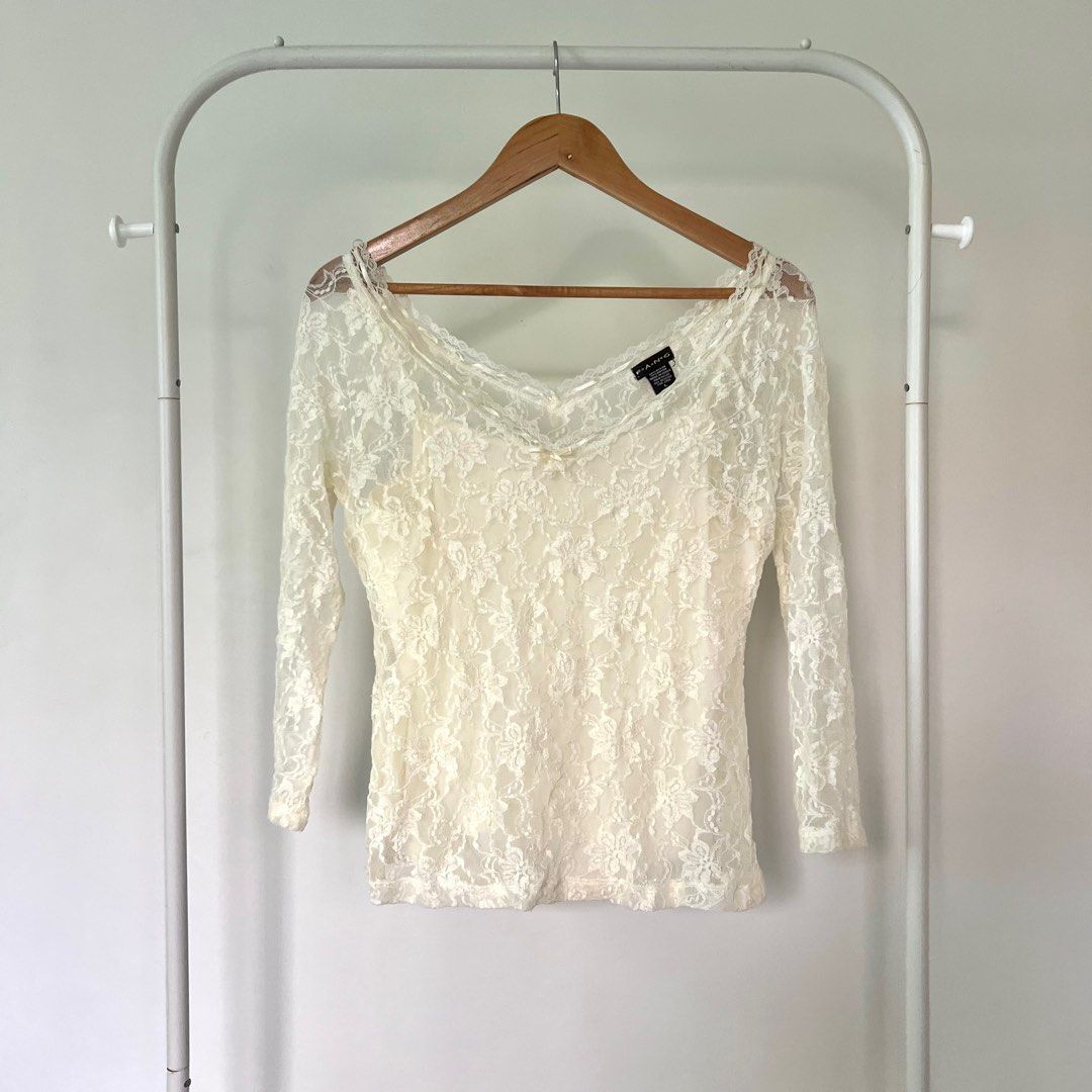 Cream Off White Mesh Floral Top Women s Fashion Tops Longsleeves on Carousell
