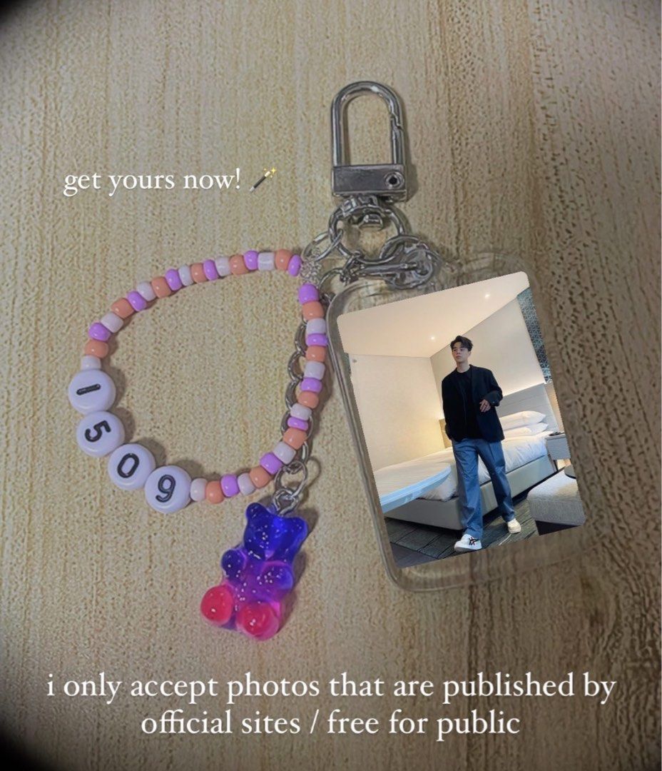 Custom Keychains (Category: K-Wave Merchandise) located in Singapore. Submitted by innie_seokjinnie (Listing ID 1326462928, Image 3). Description: Custom Keychains! Base rate: $5/keychain What’s included: 1 photo, 1 beaded ring with max 4 letters/numbers, with FOC sticker deco (custom designed by me!) — additional letter/number (+0.4) — double sided photo (+0.8) — additional beaded line/ring, max 4 letters (additional cost apply) (+1.5) — additio