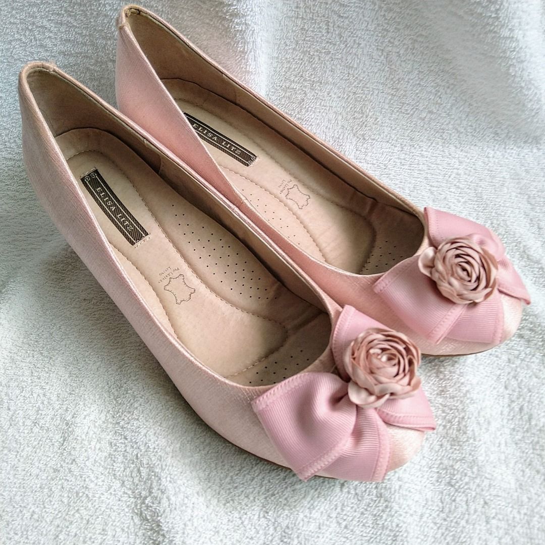 Elisa Litz Dusty Rose Pink 5cm Wedge Heels with Pink Roses Ribbon Bow