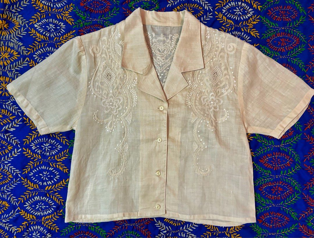 Embroidered Linen Barong Crop Top (Category: Blouses) located in Makati City. Submitted by u.4.ria (Listing ID 1326461400, Image 1). Description: Embroidered Linen Barong Crop Top in Peach Php5000 Measurements: - bust 92cm -waist 95cm - Length 50cm.