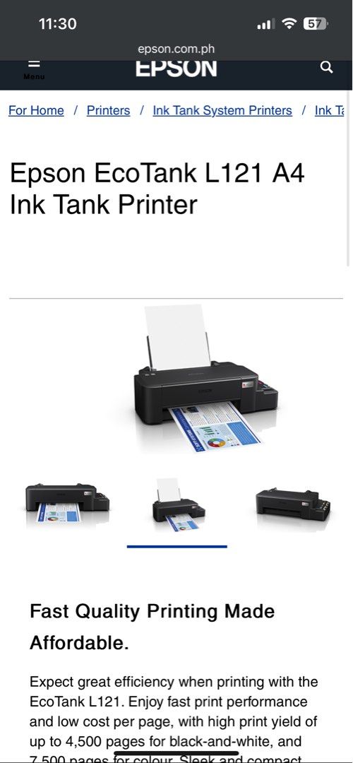 Sealed Epson L121 Ecotank with Free Ink (Same day Delivery) (Category: Printers, Scanners & Copiers) located in Quezon City. Submitted by techfindsmnl (Listing ID 1326466583, Image 2). Description: Brand new Comes with Free Ink Pickup at Congressional Expect great efficiency when printing with the EcoTank L121. Enjoy fast print performance and low cost per page, with high print yield of up to 4,500 pages for black-and-white, and 7,500 pages for c