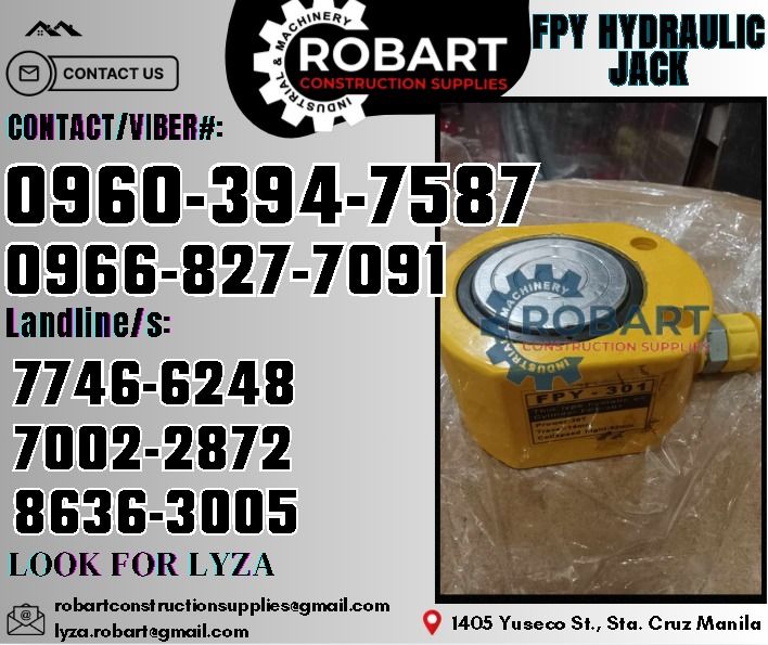 FPY Hydraulic Jack 30T (Category: Construction Tools & Equipment) located in Manila. Submitted by lyzarobart11 (Listing ID 1326408183, Image 1). Description: FPY Hydraulic Jack 30Ton (FPY30T14) Code: E-3-004 𝑹𝑶𝑩𝑨𝑹𝑻 𝑪𝑶𝑵𝑺𝑻𝑹𝑼𝑪𝑻𝑰𝑶𝑵 𝑺𝑼𝑷𝑷𝑳𝑰𝑬𝑺 𝒪𝒻𝒻𝒾𝒸𝑒 𝒜𝒹𝒹𝓇𝑒𝓈𝓈: 𝟣𝟦𝟢𝟧 𝒴𝓊𝓈𝑒𝒸𝑜 𝒮𝓉. 𝒮𝓉𝒶 𝒞𝓇𝓊𝓏 𝑀𝒶𝓃𝒾𝓁𝒶 ꜱᴇɴᴅ ᴜꜱ ᴍᴇꜱꜱᴀɢᴇ ꜰᴏʀ ɪɴQᴜɪʀɪᴇꜱ ‼️ ‼️ ɢʟᴏʙᴇ: (0966-827-7091) ꜱᴍʀᴛ - (0960-394-7587) ᴠɪʙʀ - (0960-394-75