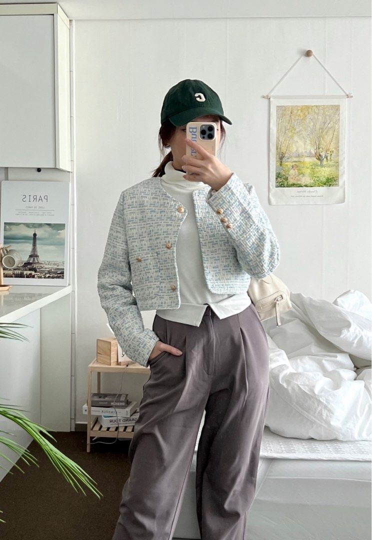 Light Blue Tweed Jacket Women s Fashion Coats Jackets and Outerwear on Carousell
