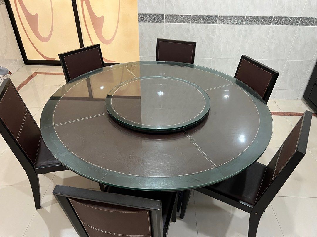 Lorenzo dining round table with 6 chairs (dark brown wooden glass top ...
