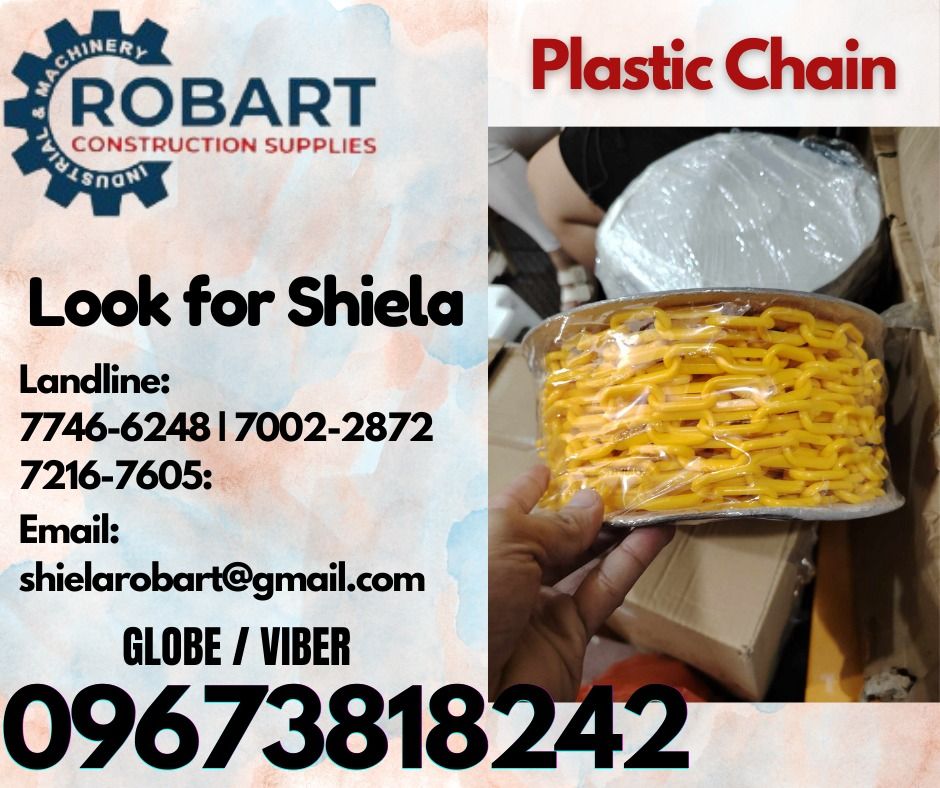 Plastic Chain (Category: Construction Tools & Equipment) located in Caloocan City. Submitted by shielaroba44709 (Listing ID 1326399766, Image 1). Description: Plastic Chain 6mm x 25mtrs Color: Yellow 𝑹𝑶𝑩𝑨𝑹𝑻 𝑪𝑶𝑵𝑺𝑻𝑹𝑼𝑪𝑻𝑰𝑶𝑵 𝑺𝑼𝑷𝑷𝑳𝑰𝑬𝑺 Office Address: 1405 Yuseco St. Sta Cruz Manila SEND US MESSAGE FOR INQUIRIES ‼️ ‼️ Call: 09673818242 / 09662708845 Vibr - (09673818242) Landline: (𝟩𝟩𝟦𝟨-𝟨𝟤𝟦𝟪) / (𝟩𝟢𝟢𝟤-𝟤𝟪𝟩𝟤) / (𝟩�