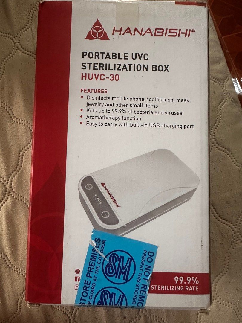 Portable UVC Phone Sanitation box (Category: Medical Supplies & Tools) located in Las Pinas. Submitted by freedeer_a7b38b (Listing ID 1326365764, Image 1). Description: HANABISHI® PORTABLE UVC PHONE STERILIZATION BOX HUVC-30 FEATURES • Disinfects mobile phone, toothbrush, mask, jewelry and other small items • Kills up to 99.9% of bacteria and viruses • Aromatherapy function • Easy to carry with built-in USB charging port HANABISHI 0000 STORE PREM