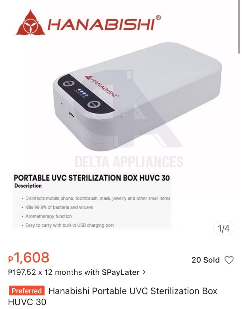 Portable UVC Phone Sanitation box (Category: Medical Supplies & Tools) located in Las Pinas. Submitted by freedeer_a7b38b (Listing ID 1326365764, Image 3). Description: HANABISHI® PORTABLE UVC PHONE STERILIZATION BOX HUVC-30 FEATURES • Disinfects mobile phone, toothbrush, mask, jewelry and other small items • Kills up to 99.9% of bacteria and viruses • Aromatherapy function • Easy to carry with built-in USB charging port HANABISHI 0000 STORE PREM