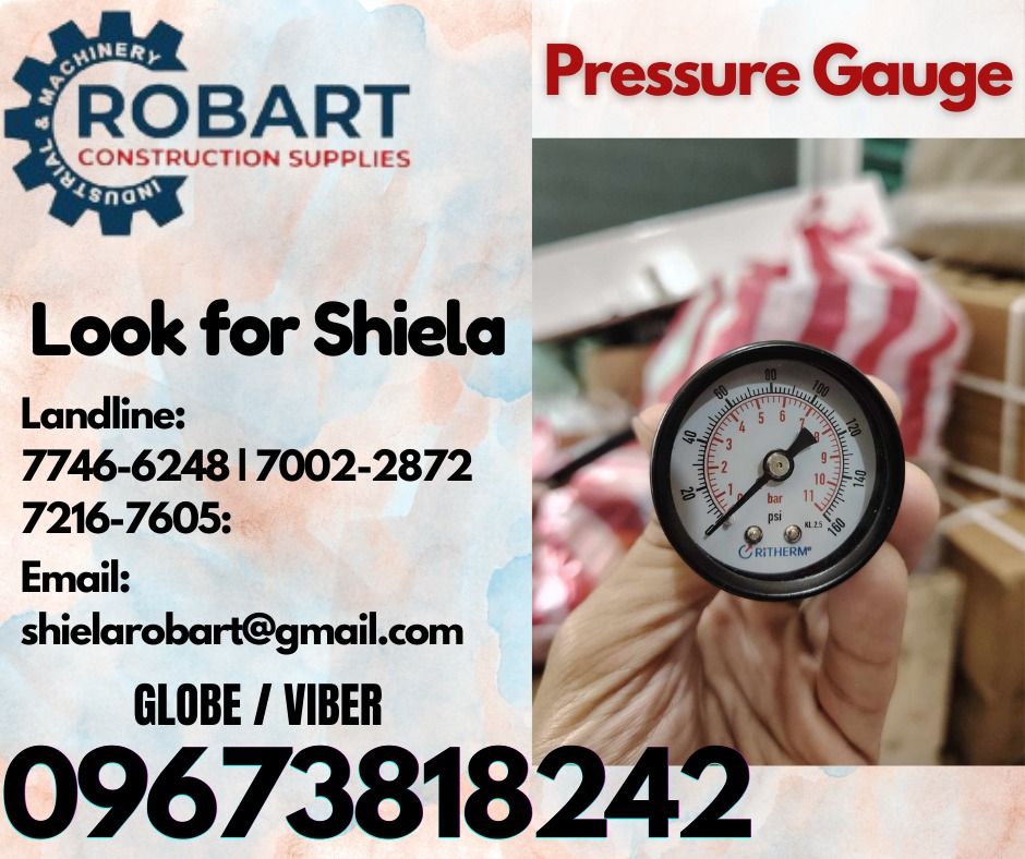 Pressure Gauge (Category: Construction Tools & Equipment) located in Caloocan City. Submitted by shielaroba44709 (Listing ID 1326399044, Image 1). Description: Pressure Gauge Brand: Ritherm Model: 1100-040-160-8L-BR Range: 0 - 160 psi / 0 - 11 bar Size: 1.5" Dial Face Black Case Connection: 1/8NPT Center Back Brass Type: Dry 𝑹𝑶𝑩𝑨𝑹𝑻 𝑪𝑶𝑵𝑺𝑻𝑹𝑼𝑪𝑻𝑰𝑶𝑵 𝑺𝑼𝑷𝑷𝑳𝑰𝑬𝑺 Office Address: 1405 Yuseco St. Sta Cruz Manila SEND US MESSAGE FOR 