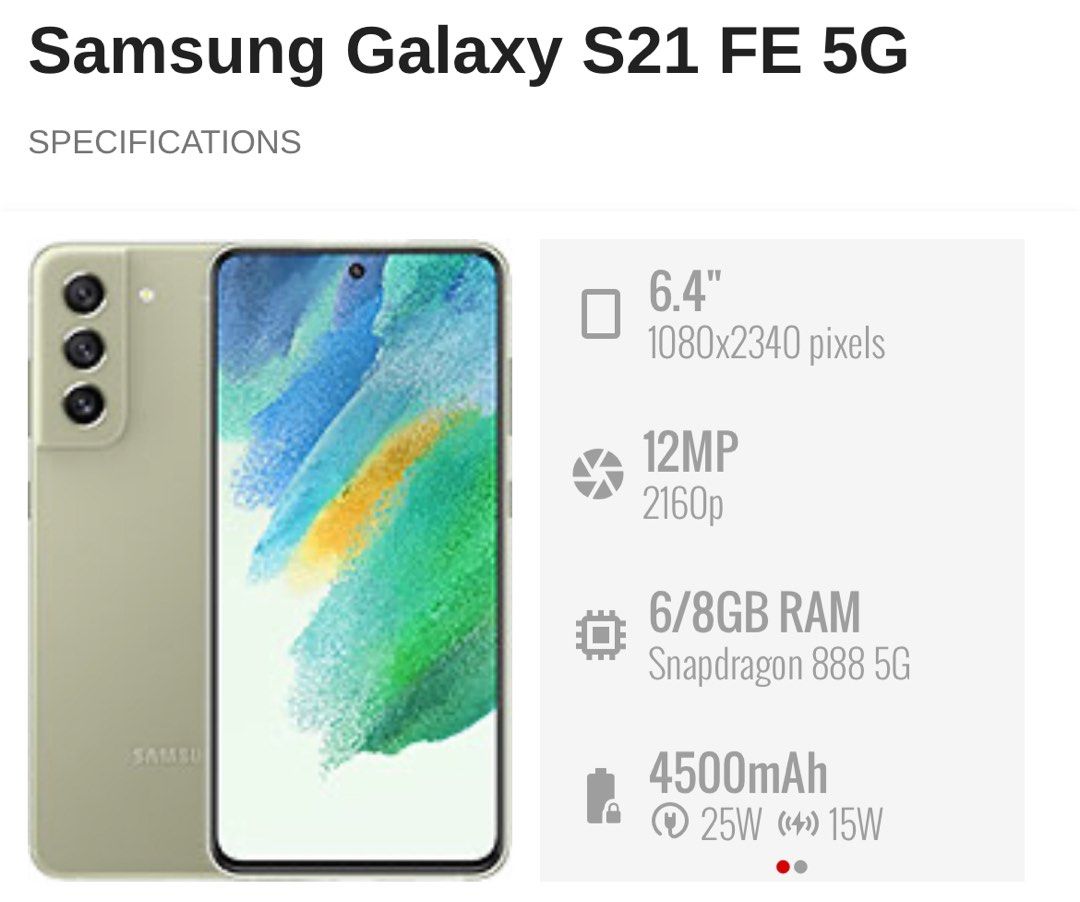 samsung S21 fe 5g (Category: Samsung) located in Quezon City. Submitted by mubrogadgets (Listing ID 1326477336, Image 3). Description: Flagship phone 🔥SAMSUNG S21 FE❤️ for sale issue line only bagsak presyu again! ka mubro sa halagang 3999 may samsung s21 fe 5g kana na 128gb/8gb,flagship phone,super linaw ng camera ,super amoled display and good for gaming paunahan nalang mga kamubro - nasa picture na po mga details and price ka mubro plas check