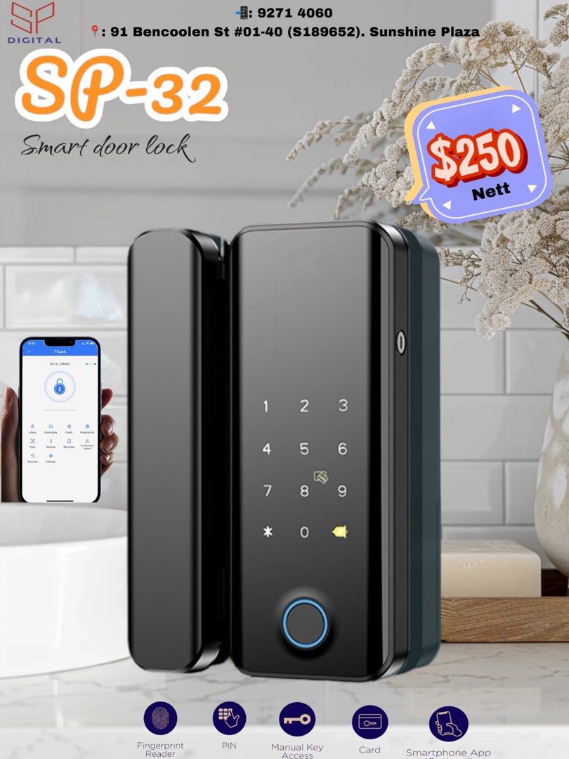 SP32 door lock with fingerprint,pin card, apps and master key access