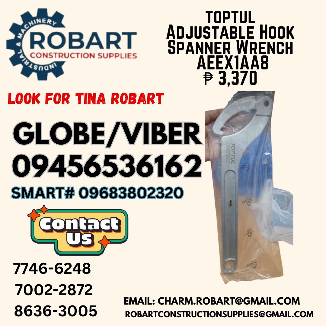 Toptul Adjustable Hook Spanner Wrench (Category: Construction & Building Materials) located in Manila. Submitted by tina.sales (Listing ID 1326397630, Image 1). Description: Toptul Adjustable Hook Spanner Wrench 𝑹𝑶𝑩𝑨𝑹𝑻 𝑪𝑶𝑵𝑺𝑻𝑹𝑼𝑪𝑻𝑰𝑶𝑵 𝑺𝑼𝑷𝑷𝑳𝑰𝑬𝑺 𝑶𝒇𝒇𝒊𝒄𝒆 𝑨𝒅𝒅𝒓𝒆𝒔𝒔: 𝟏𝟒𝟎𝟓 𝒀𝒖𝒔𝒆𝒄𝒐 𝑺𝒕. 𝑺𝒕𝒂 𝑪𝒓𝒖𝒛 𝑴𝒂𝒏𝒊𝒍𝒂 𝑺𝑬𝑵𝑫 𝑼𝑺 𝑴𝑬𝑺𝑺𝑨𝑮𝑬 𝑭𝑶𝑹 𝑰𝑵𝑸𝑼𝑰𝑹𝑰𝑬𝑺 ‼️ ‼️ 𝑮𝒍𝒃𝒆 - (𝟢𝟫𝟒𝟓-𝟔𝟓𝟑-𝟔𝟏𝟔𝟐