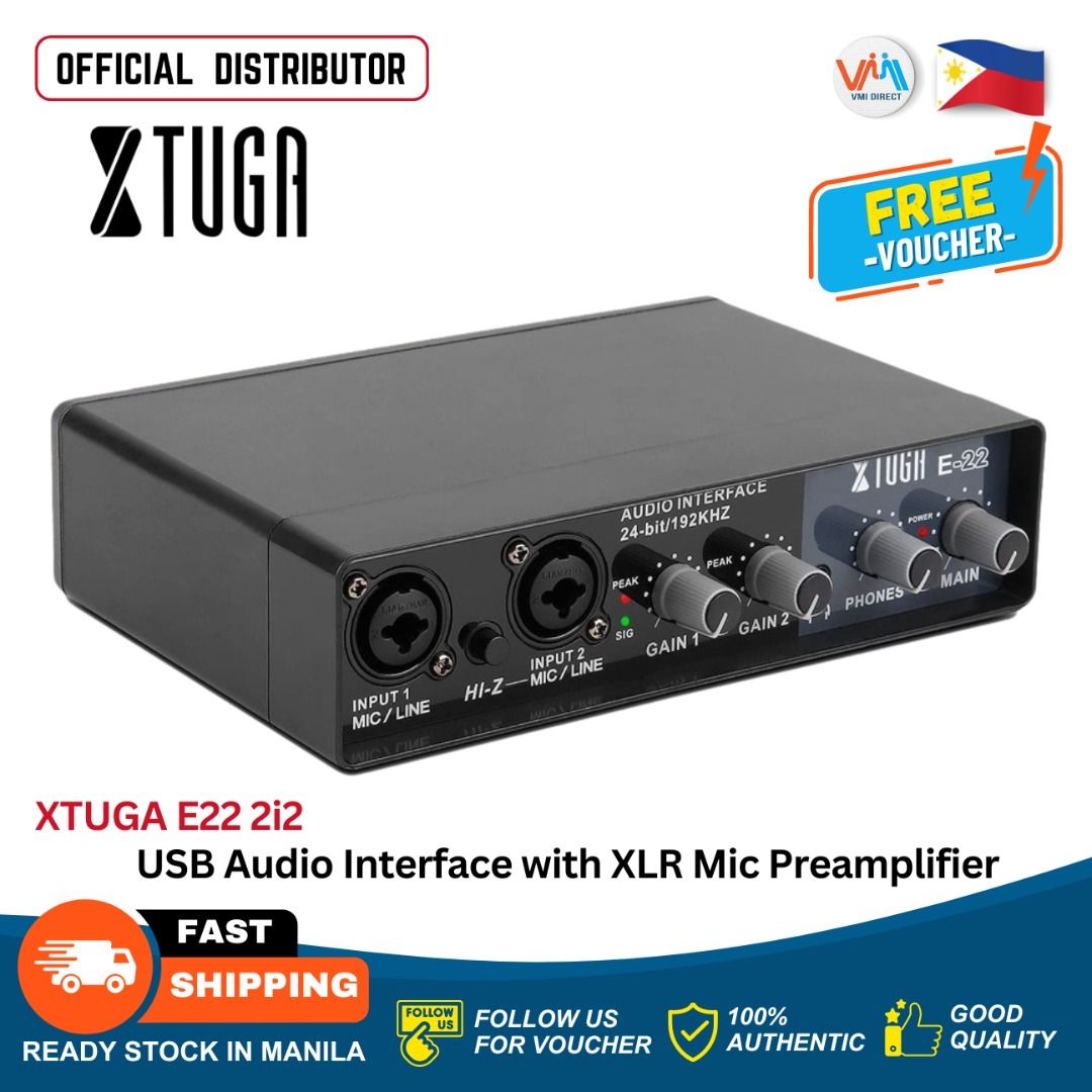 XTUGA E22 2i2 USB Audio Interface with XLR Mic Preamplifier 192kHz VMI DIRECT (Category: Other Audio Equipment) located in Manila. Submitted by vmidirect (Listing ID 1256726833, Image 1). Description: Product Description 24 bit/192 kHz Professional Audio Quality E22 audio interface, with all connection interfaces for microphone, electric guitar, bass, etc. This includes a +48 volt phantom power supply for condenser microphones,delivers studio-gra