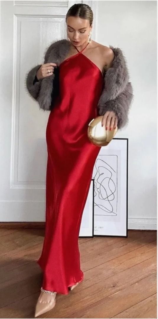 Zara red halter low back satin midi dress with side slit prom evening cocktail Women s Fashion Dresses Sets Dresses on Carousell