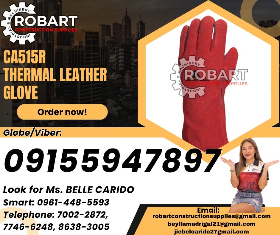 CA515R Thermal leather glove (Category: Construction Tools & Equipment) located in Manila. Submitted by bellarobart (Listing ID 1323319712, Image 1). Description: CA515R Thermal leather glove, suitable for welding work owing to its resistance to contact heat Brand: Deltaplus 𝑹𝑶𝑩𝑨𝑹𝑻 𝑪𝑶𝑵𝑺𝑻𝑹𝑼𝑪𝑻𝑰𝑶𝑵 𝑺𝑼𝑷𝑷𝑳𝑰𝑬𝑺 Office Address: 1405 Yuseco St. Sta Cruz Manila SEND US MESSAGE FOR INQUIRIES ‼️ ‼️ Glb/Vibr: 0915-594-7897 Smrt: 0961-