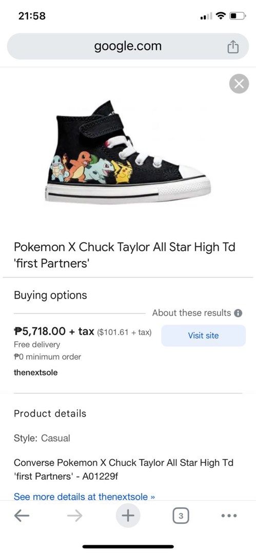 Converse Pokemon x Chuck Taylor All Star High (Category: Babies & Kids Fashion) located in Manila. Submitted by stuffandtelle (Listing ID 1323337535, Image 3). Description: Original Infant Size 7 US/UK.