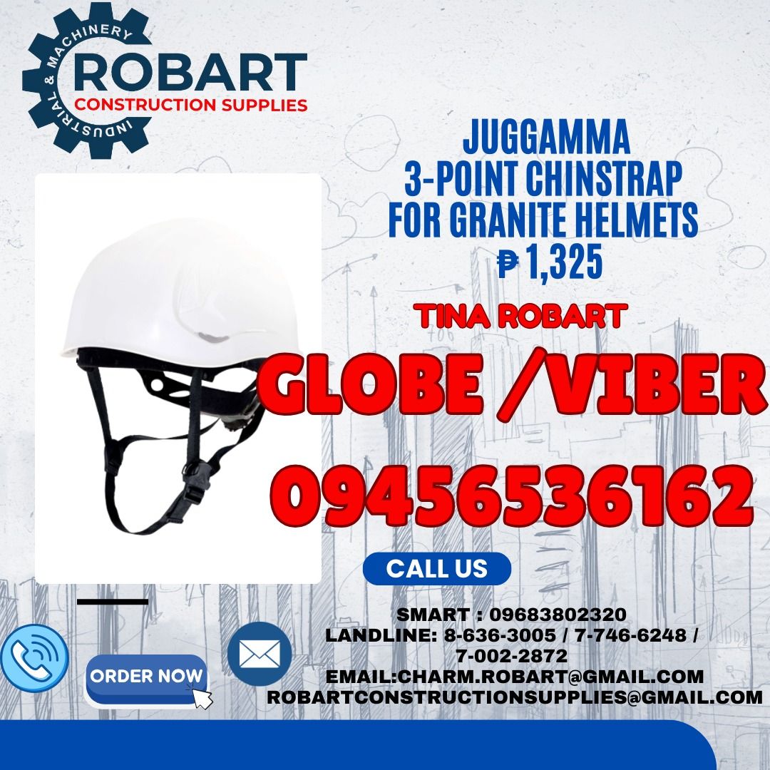 JUGGAMMA 3-point chinstrap for Granite helmets (Category: Construction & Building Materials) located in Manila. Submitted by tina.sales (Listing ID 1323354808, Image 1). Description: JUGGAMMA 3-point chinstrap for Granite helmets 𝑹𝑶𝑩𝑨𝑹𝑻 𝑪𝑶𝑵𝑺𝑻𝑹𝑼𝑪𝑻𝑰𝑶𝑵 𝑺𝑼𝑷𝑷𝑳𝑰𝑬𝑺 𝑶𝒇𝒇𝒊𝒄𝒆 𝑨𝒅𝒅𝒓𝒆𝒔𝒔: 𝟏𝟒𝟎𝟓 𝒀𝒖𝒔𝒆𝒄𝒐 𝑺𝒕. 𝑺𝒕𝒂 𝑪𝒓𝒖𝒛 𝑴𝒂𝒏𝒊𝒍𝒂 𝑺𝑬𝑵𝑫 𝑼𝑺 𝑴𝑬𝑺𝑺𝑨𝑮𝑬 𝑭𝑶𝑹 𝑰𝑵𝑸𝑼𝑰𝑹𝑰𝑬𝑺 ‼️ ‼️ 𝑮𝒍𝒃𝒆 - (𝟢𝟫𝟒