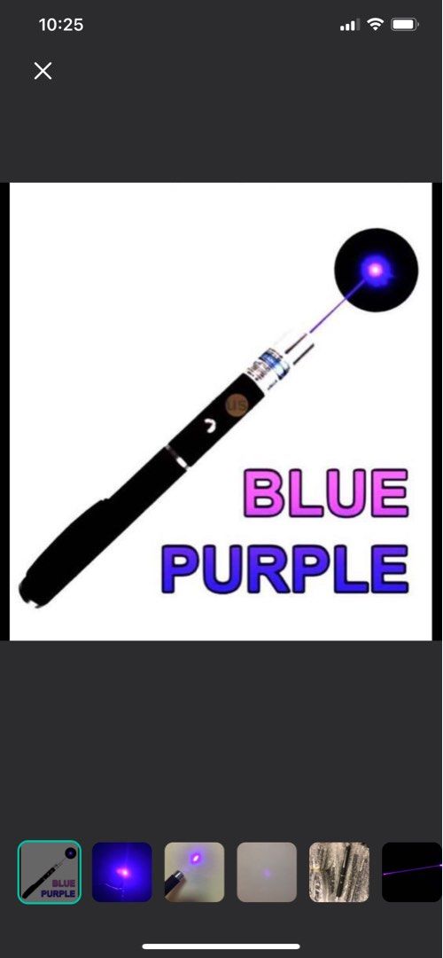 Laser Pointer (Category: Other Gadgets) located in Singapore. Submitted by mspinkpinky (Listing ID 1323286706, Image 1). Description: Brand new, purple Color, AAA battery 1 for $12, 2 for $22, 3 for $30. Buy more save more Self collect at amk ave 3/MRT. Mail additional $2.
