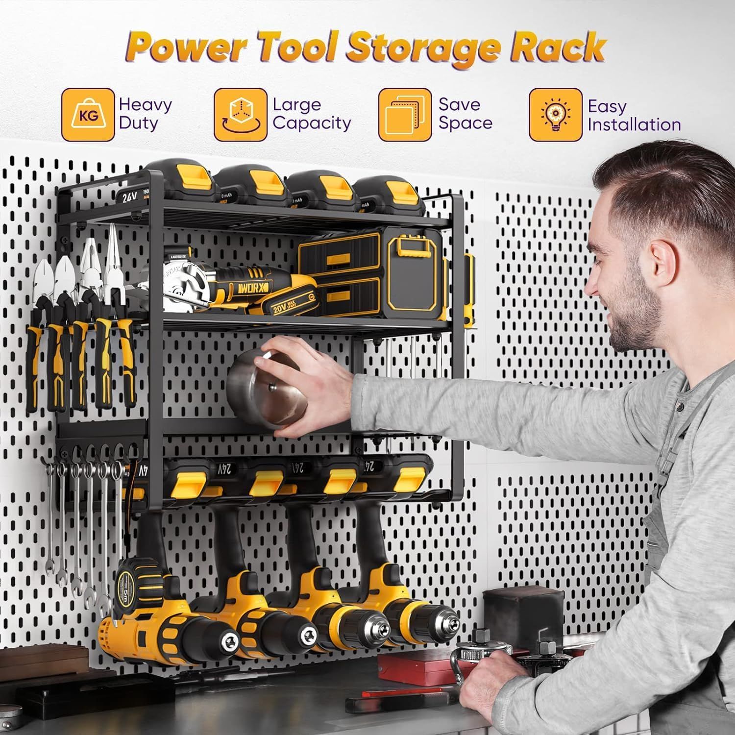 POKIPO Power Tool Organizer Wall Mount Heavy Duty Drill Holder Garage Tool Organizer and Storage Suitable Tool Rack for Tool Room Workshop Garage Utility Storage Rack for Cordless Drill 4 Tier Black 1