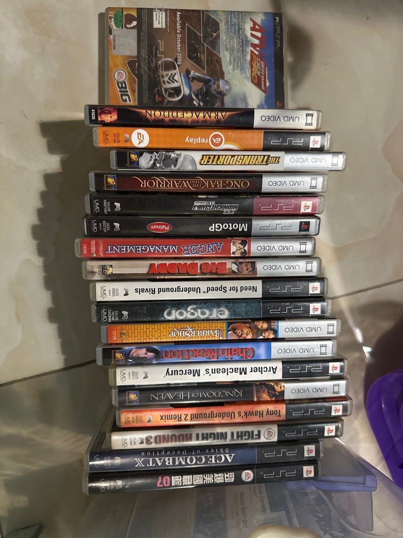 PSP games UMD (Category: PlayStation) located in Manila. Submitted by hb1118 (Listing ID 1110337743, Image 3). Description: PSP games for sale Like new condition Take all for 8000 Nascar Def Jam The Simpsons Game Ace Combat X Archer Maclean’s Mercury Fight Knight Princess Crown Eragon NBA Live 07 Midnight Club 3 Moto GP Need For Speed Underground Rivals ATV Off-road Fury PRO Marvel ultimate alliance Family Guy Fifa 09 Madden 09 Sin City DS PSP VI