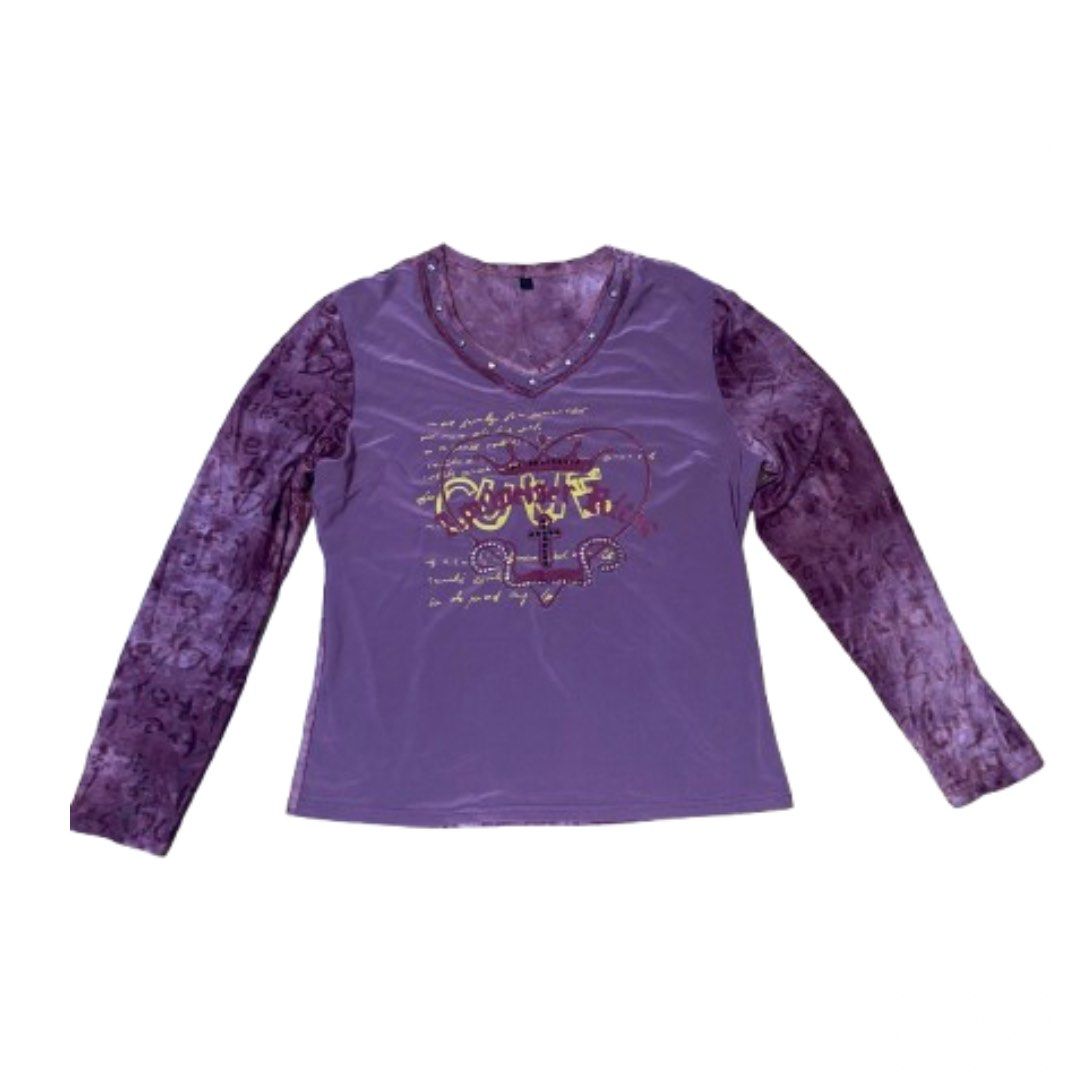 Purple graphic studded long sleeves (Category: Longsleeves) located in Mandaluyong City. Submitted by declutts (Listing ID 1323437441, Image 1). Description: stretchy best fits m-l w 16 l 22 used once .