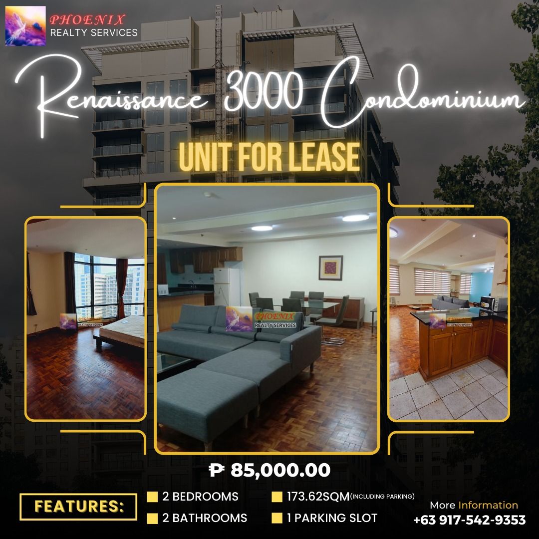 Renaissance 3000 Condominium (Category: Apartments & Condos) located in Taguig. Submitted by tesbahil2017 (Listing ID 1323391359, Image 1). Description: For LEASE 2-Bedroom Condo Unit in Renaissance 3000 Condominium Pasig City DETAILS: ✔️ Floor Area: 173.62(Including parking) ✔️ Fully Furnished ✔️ 2 Bedrooms ✔️ 2 Bathrooms ✔️ Powder Room ✔️ 1 Parking Slot ✔️ w/ Maids room 🔥🔥🔥 For LEASE: Php 85,000.00 🔥🔥🔥 Nearby Areas: - Ayala Malls The 30th