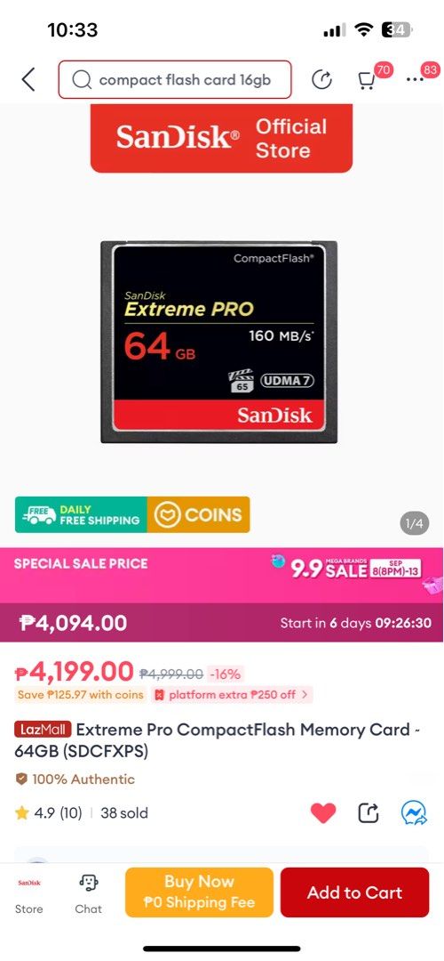 Sandisk 64GB Extreme Pro CF (Category: Memory & SD Cards) located in San Jose del Monte. Submitted by kerrrrr16 (Listing ID 1323287666, Image 3). Description: Selling as pack For only 5,500 Srp price is 4k each Free hardcase Rfs: sold my cam body using this type of card Free lalamove within metromanila SM Sjdm Bulacan meetups.