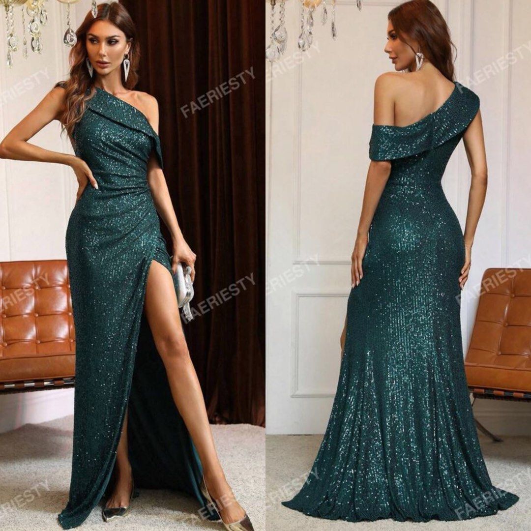 SHEIN FAREISTY Emerald green Asymmetrical Neck Ruched Wrap Hem Sequin sequence elegant classy formal party evening gown Prom Dress Women s Fashion Dresses Sets Evening dresses gowns on Carousell