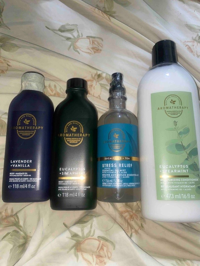 Take All BBW Aromatherapy Collection (Category: Body Care) located in Caloocan City. Submitted by rsreciorph (Listing ID 1323301789, Image 1). Description: BBW Conditioner 473ml BBW Essential Oil 156ml BBW Massage Oil 118ml BBW Massage Oil 118ml.