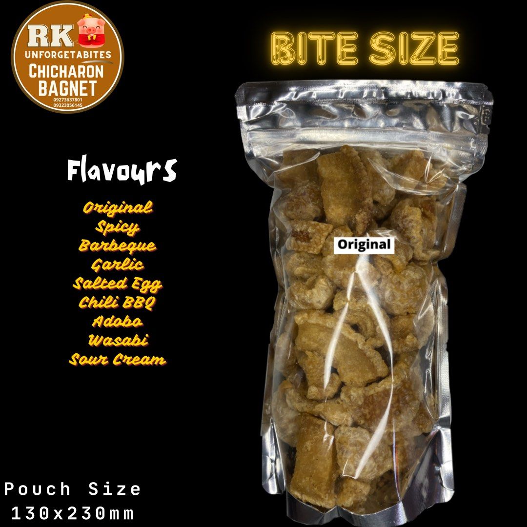 Chicharon bagnet (Category: Packaged & Instant Food) located in Mexico. Submitted by rkchicharonbagnet (Listing ID 1326638052, Image 1). Description: RK UNFORGETABITES CHICHARON BAGNET Authentic Kapampangan Delicacies 9 FLAVORS AVAILABLE Original Spicy Barbeque Garlic Salted Egg Chili BBQ Adobo Wasabi Sour Cream FREE REBRANDING PO TAYO FREE LAYOUT DESIGN FREE STICKER LOGO Lasang hahanapin sa bawat kagat. Lasang siguradong babalik balikan. Lasang 