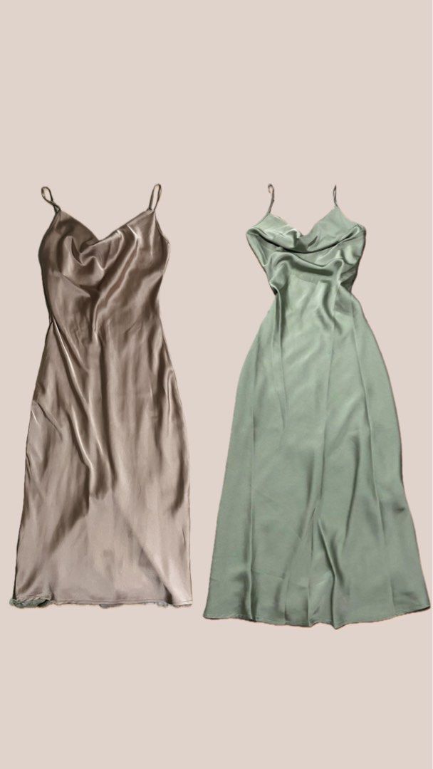 Cowl neck long dress (Category: Evening dresses & gowns) located in Taytay. Submitted by decluttering_ce (Listing ID 1326522272, Image 1). Description: Simple but elegant! ✨ both dresses are used once to attend as wedding guest. For rent only :) ✧ Silk cowl neck dress in Champagne Best fits xs - small frame Rental Fee: ₱500 + ₱1,000 security deposit ✧ Satin cowl neck dress in Sage Green Best fits small to medium frame Rental Fee: ₱350 + ₱650 secu