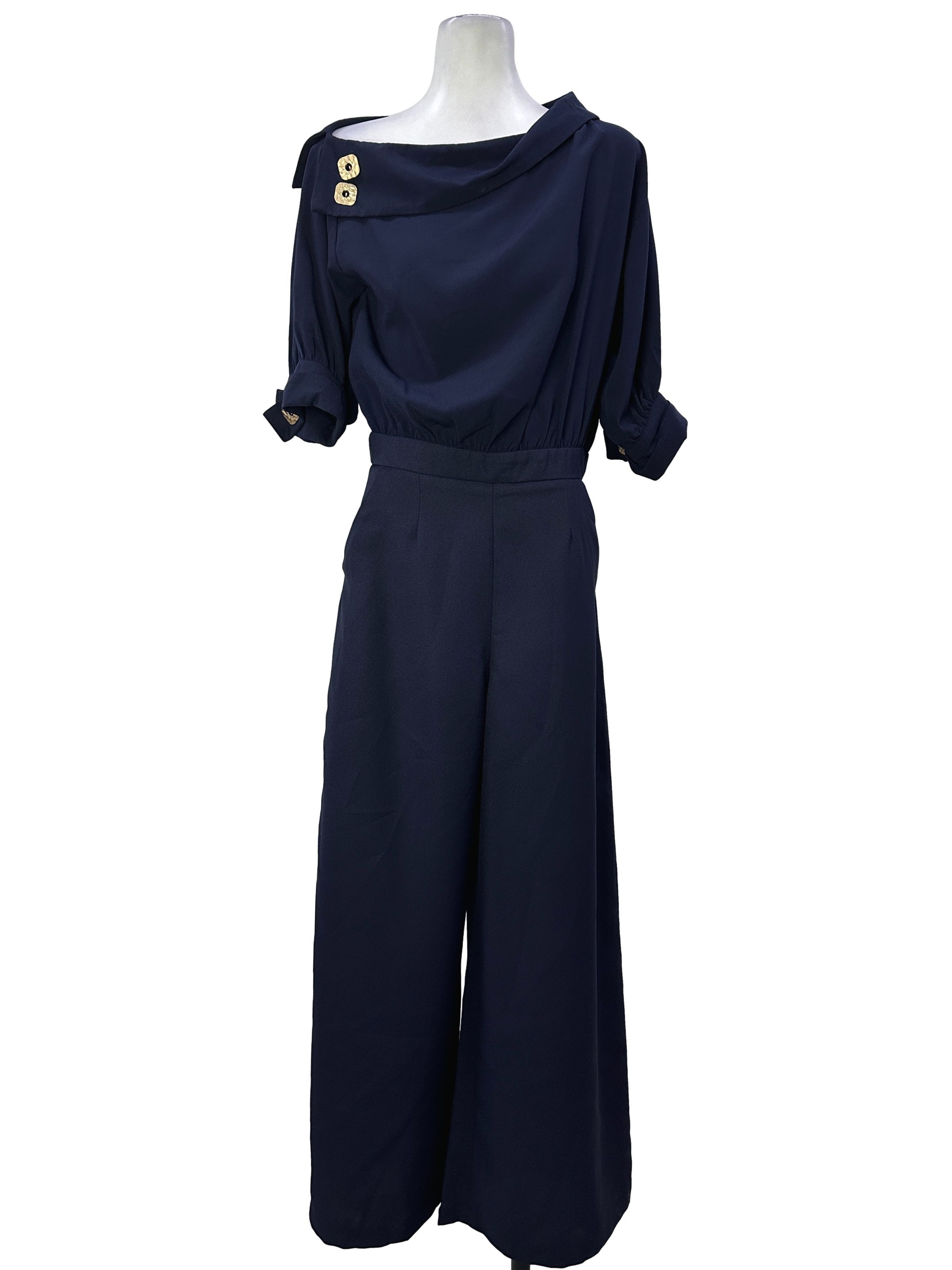 Dressing Paula Navy Blue Gold Button Asymmetrical Collar Jumpsuit