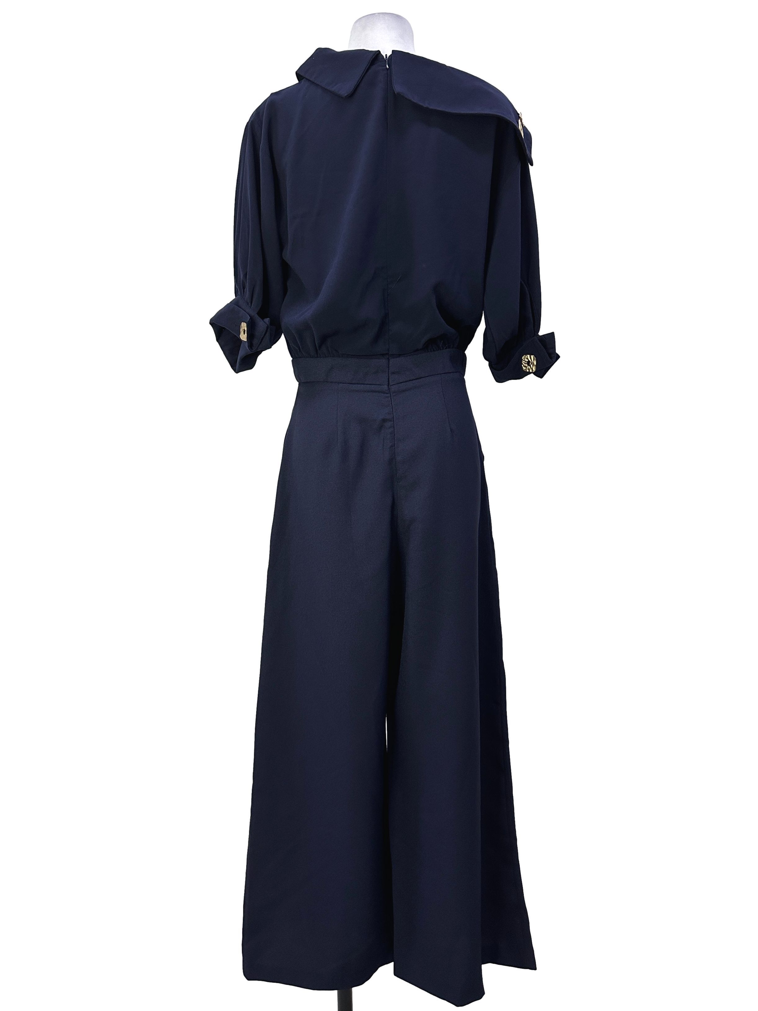 Dressing Paula Navy Blue Gold Button Asymmetrical Collar Jumpsuit