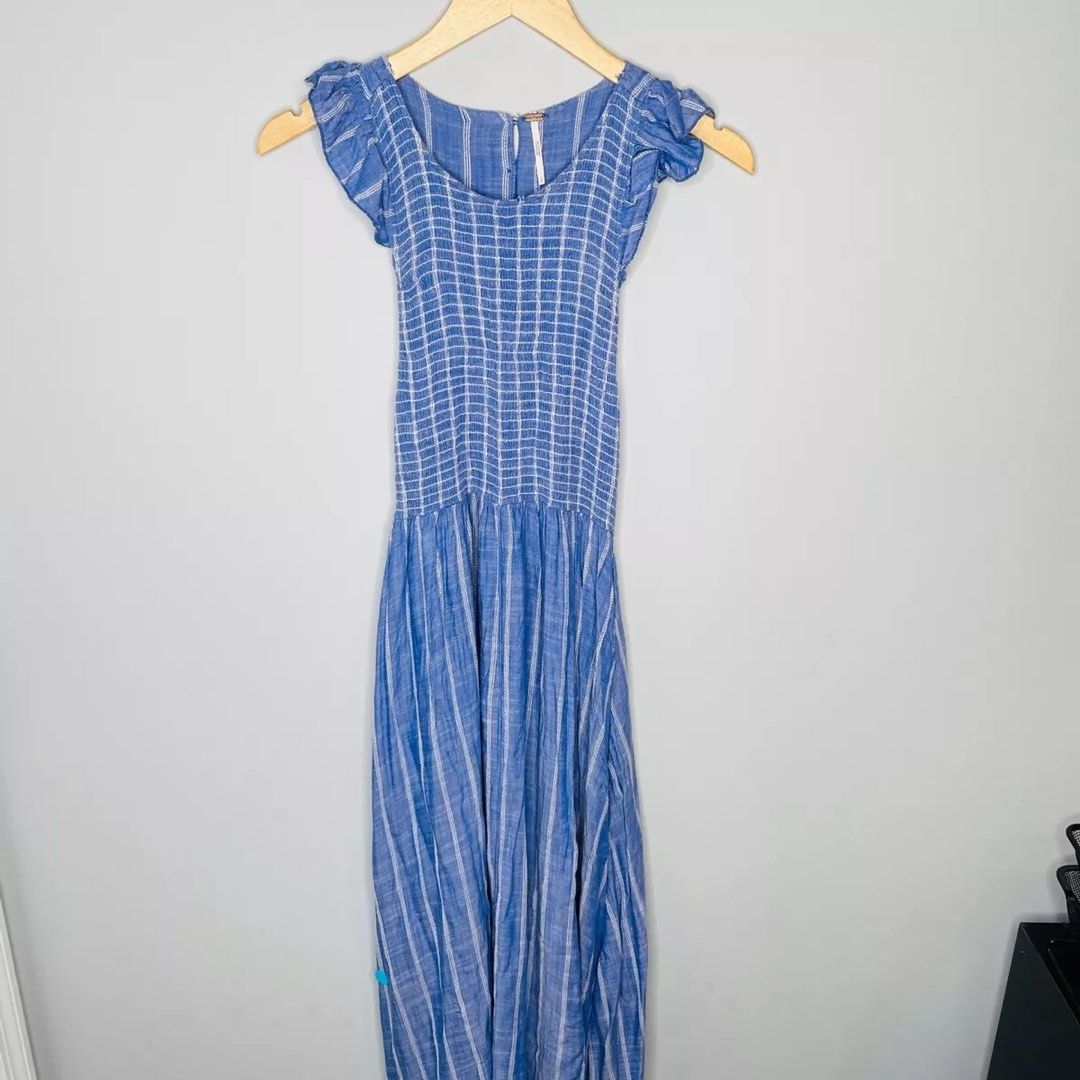 Free People Chambray Butterflies Midi Dress Women S Blue White Stripe Smocked