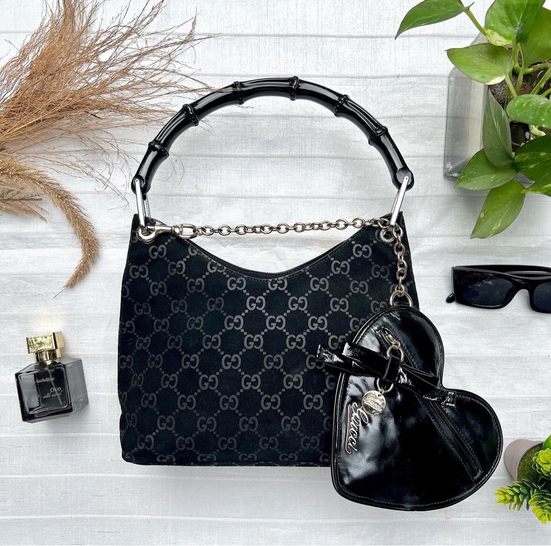 Gucci Bamboo Shoulder Bag in Black Suede Material with Gucci Heart Pouch Luxury Bags Wallets on Carousell