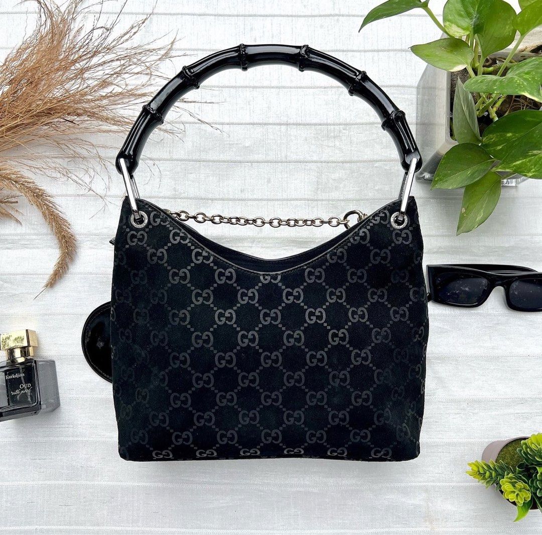 Gucci Bamboo Shoulder Bag in Black Suede Material with Gucci Heart Pouch Luxury Bags Wallets on Carousell