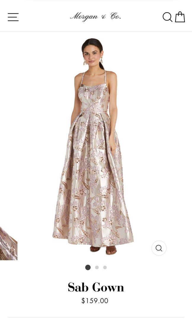 Pink textured gown by Morgan & Co (Category: Evening dresses & gowns) located in Quezon City. Submitted by choomichob (Listing ID 1326623536, Image 2). Description: Sturdy woven jacquard, with a floral pattern throughout, shapes adjustable criss-cross straps, and a bustier-style bodice with a square neckline. Center back zipper/clasp. For rent / sale Dress is from Morgan and Co (US brand) Bought this for 11k++ Adjustable straps, size XS-S Rental: