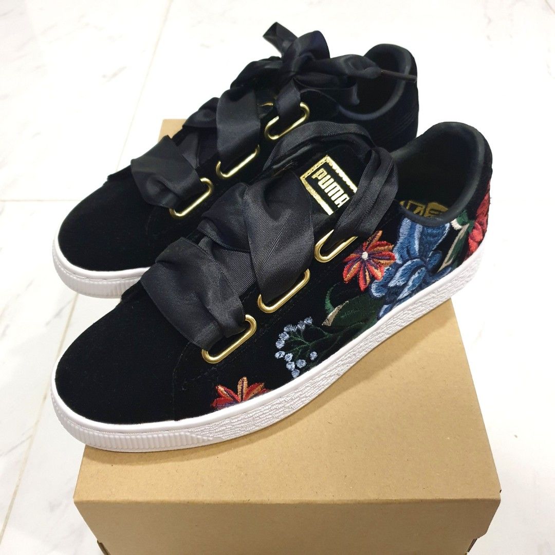 PUMA Black Suede Floral Embroidery Basket Sneakers Shoes