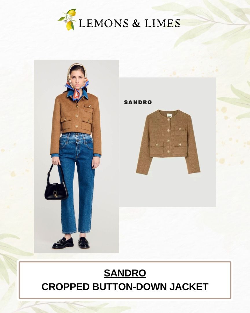 SANDRO | Cropped button-down jacket (Category: Coats, Jackets and Outerwear) located in Singapore. Submitted by lemslime_ (Listing ID 1326520984, Image 1). Description: 💫 Authentic, read our profile 📬Free Tracked Mail 💌Check out our IG for more @lemonsandlimes_boutique SANDRO | Retail: $ 670 | 100% Authentic with label Product Details Short double-breasted jacket with long sleeves, round neck, button fastening and patch pockets with buttoned f